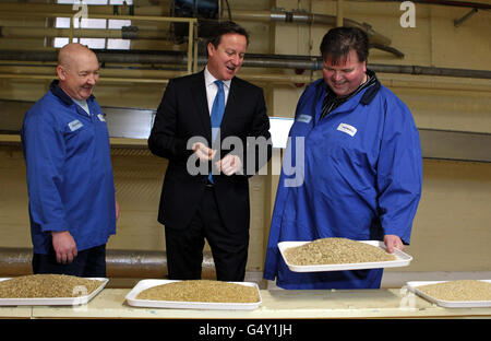 Prime Minister David Cameron is shown oats by Master Miller Dave Mackay (right) during a visit to the Quaker Oats site at Cupar in Scotland.