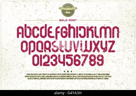 set of rounded style alphabet letters and numbers over grunge paper texture. vector font type design. modern, bold lettering ico Stock Vector