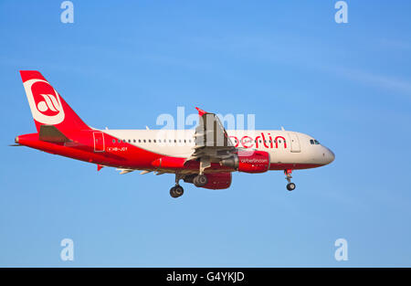 ZURICH - JULY 18: A-320 Air Berlin landing in Zurich airport after intercontinental flight on July 18, 2015 in Zurich, Switzerla Stock Photo