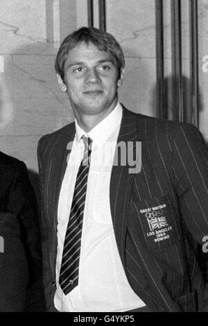 Steve Redgrave, wearing his Olympic blazer at a celebratory dinner for some of Great Britain's gold medal winners from the Los Angeles Olympic Games 1984. Steve Redgrave won gold in the men's Coxed Four rowing event. He would go on to win a gold medal at the 1988 Seoul, 1992 Barcelona, 1996 Atlanta and 2000 Sydney Olympic games. Stock Photo
