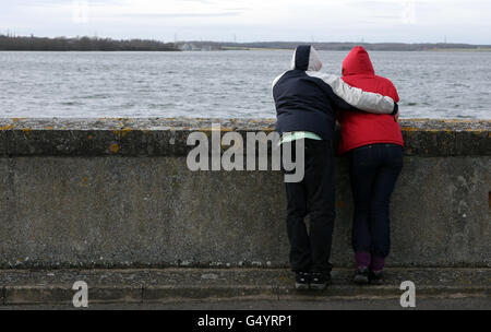 A couple look out over Anglian Water Reservoir Grafham Water in Cambridgeshire. The south east of England is now in a state of drought, the Department for Environment, Food and Rural Affairs said today. Stock Photo