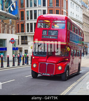 LONDON - APRIL 17: Red Double Decker Bus on the Canon street in London on April 17, 2016 in London, UK. These dobledecker bus is Stock Photo