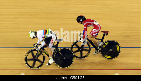 Great Britain's Victoria Pendleton (right) with Australia's Anna Meares in the Women's Sprint Semi final during day two the UCI Track Cycling World Cup at the Velodrome in the Olympic Park, London. Stock Photo