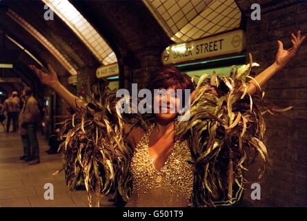 A waxwork of singer Shirley Bassey from Madame Tussaud's, on the platform at London's Baker Street underground station. Stock Photo