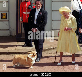 File picture dated 4/8/99 of Britain's Queen Elizabeth, the Queen Mother, admiring one of her corgis. Her daughter, Queen Elizabeth II, told cystic fibrosis sufferer Rachel Kirk, 11, during her current tour of Australia on Tuesday March 21st 2000 that one of the Queen Mother's corgis had had puppies. PA photo: Michael Crabtree. See PA story ROYAL Corgi. Stock Photo