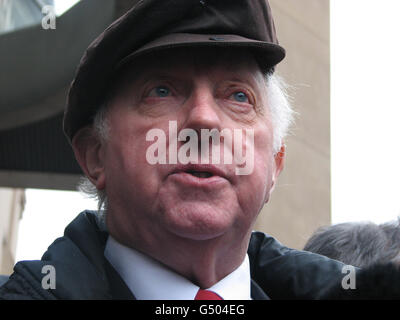 Former miners' leader Arthur Scargill, addresses media outside Sheffield County Court, where he was awarded &pound;13,000 in damages after he sued a trust fund of the union he led for 20 years. Stock Photo
