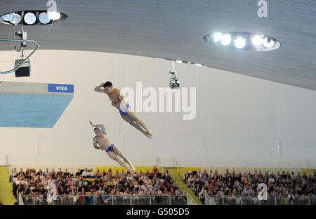 Great Britain's Tom Daley (right) and Pete Waterfield in their Men's Synchronised 10m Platform Preliminary during the 18th FINA Visa Diving World Cup at the Aquatics Centre in the Olympic Park, London.