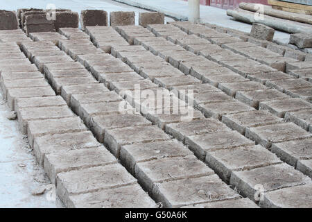 Rows of adobe bricks drying in the sun in Peru Stock Photo