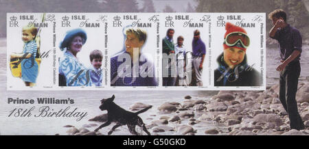 These are the stamps issued by the Isle of Man Post Office that will commemorate Prince William's 18th birthday. Produced by the Crown Agents Stamp Bureau, they are one of several sets that are being produced around the world. * The stamps, approved by Buckingham Palace and St James's Palace, will be produced in sheetlets of five, featuring a selection of pictures of William, including one with the Queen Mother. Stock Photo