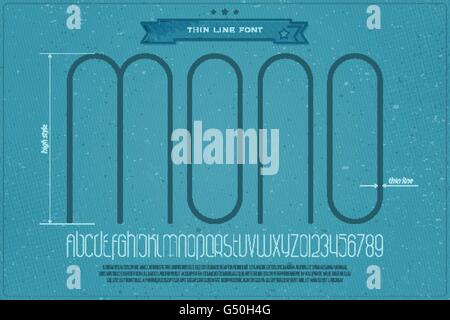 set of fine contour alphabet letters and numbers over blue paper texture. vector light font type design. thin line lettering ico Stock Vector