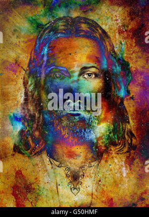 Jesus Christ painting with radiant colorful energy of light, eye contact. Stock Photo