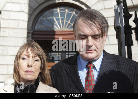Ian Bailey and his partner Jules Thomas speak to the media outside the Supreme Court in Dublin after he won his challenge against his extradition to France, where authorities want to question him about the murder of Sophie Toscan du Plantier in west Cork over 15 years ago. Stock Photo