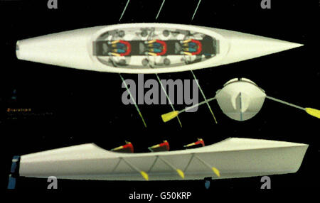 An artist impression of the Atlantic Spirit. Plans for the new transatlantic rowing boat was unveiled at the Team Philips yard in Devon. The 10m, carbon fibre construction will be half the weight of her four man crew and faster than a traditional rowing boat. * The self-righting craft, has safety features including watertight accommodation for the crew during bad weather and global communications. Atlantic Spirit will set off from Newfoundland in June, 2001, with the aim of finishing in the Isles of Scilly, off west Cornwall, 32 days later. See PA story SEA Goss. PA Photo: Stuart MacDowall Stock Photo