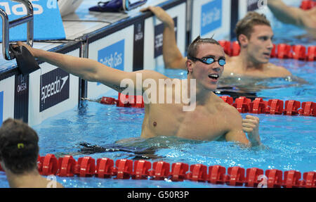 Great Britain's Robbie Renwick celebrates winning the Final of the Men's 400m Freestyle during the British Swimming Championships at the Aquatics Centre in the Olympic Park, London. Stock Photo