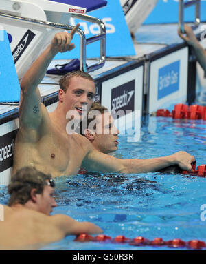 Great Britain's Robbie Renwick celebrates winning the Final of the Men's 400m Freestyle during the British Swimming Championships at the Aquatics Centre in the Olympic Park, London. Stock Photo