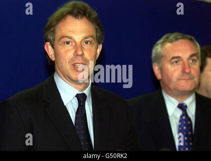 Prime Minister Tony Blair (left) and his Irish conterpart Bertie Ahern speaking at a press conference in Hillsborough on 05/05/2000. New proposals aimed at restoring devolved government in Northern Ireland by May 22 were put forward. * ...by the British and Irish governments after 24 hours of talks between the two, announcing that the suspended political instutions in Northern Ireland would be reinstated and new proposals put forward to the parties.