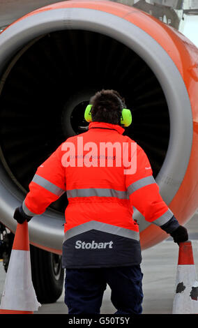 An easyJet passenger plane taxis to the new terminal building at London Southend Airport in Essex. Stock Photo