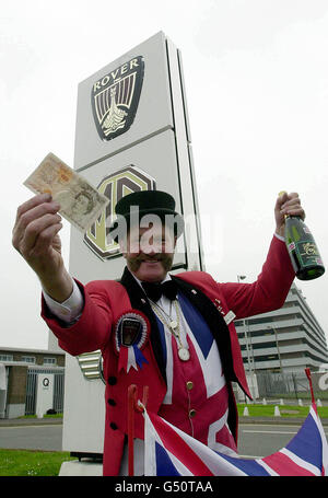 'John Bull' aka Ray Egan celebrates the Pheonix/BMW deal on the future of Longbridge outside the south Birmingham car plant . The car giant was dramatically saved from closure when its sale to the Phoenix consortium headed by a former company executive was agreed. Stock Photo
