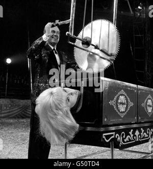 Welsh actor Philip Madoc, who plays an illusionist, and Diana Dors in a scene from the film 'Circus of Blood' at Shepperton Studios. Stock Photo
