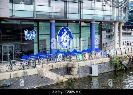 Blue Peter signs on BBC building at MediaCityUK, Salford Quays, UK, Stock Photo