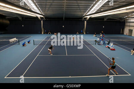 Match action as the doubles final is moved indoors on day seven of the 2016 AEGON Classic at the Edgbaston Priory, Birmingham. Stock Photo