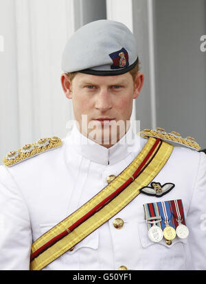Prince Harry, wearing the 1 Tropical Dress of The Blues and Royals, arrives at Government House in Nassau, Bahamas on the third day of his 10 day tour to Belize, Bahamas, Jamaica, and Brazil. Stock Photo