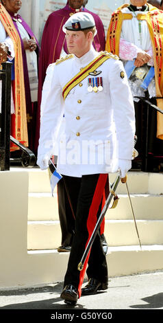 Prince Harry, wearing the 1 Tropical Dress of The Blues and Royals, after he attended the Sunday Service at Christ Church Cathedral in Nassau, Bahamas on the third day of his 10 day tour to Belize, Bahamas, Jamaica, and Brazil. Stock Photo