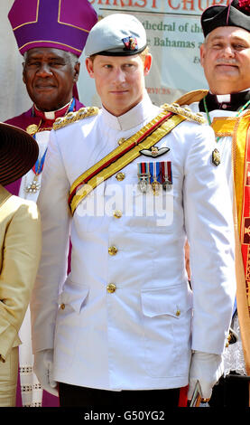 Prince Harry, wearing the 1 Tropical Dress of The Blues and Royals, after he attended the Sunday Service at Christ Church Cathedral in Nassau, Bahamas on the third day of his 10 day tour to Belize, Bahamas, Jamaica, and Brazil. Stock Photo