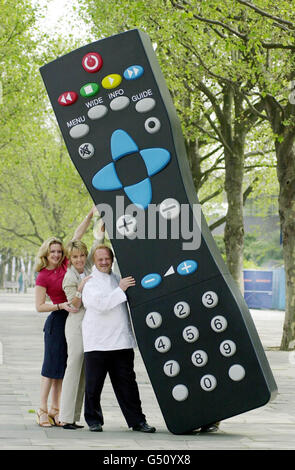 Newsreader Mary Nightingale (C) with ITV sports presenter Gabby Yorath, and TV chef Anthony Worrall Thompson, help launch Carlton TV's interactive television service, Carlton Active, in London. The service gives viewers a chance to call up details during shows. * recipes during food shows or find out about the cast of a film as they watch. Stock Photo