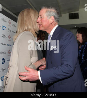 The Prince of Wales speaks with Joanna Lumley OBE during The Prince's Trust and L'Oreal Paris Celebrate Success Awards, at the Odeon Leicester Square in central London. Stock Photo