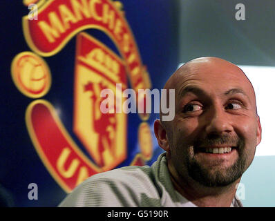 French international goalkeeper Fabien Barthez during a press conference at Old Trafford, Manchester. Barthez joins Manchester United from Monaco for 7.8 million pounds - a British record for a keeper. * The 28-year-old was a member of France's World Cup-winning side in 1998, and is seen by manager Sir Alex Ferguson as an ideal replacement for Peter Schmeichel who left the club after their Champions League victory last year. See PA story SOCCER Man Utd. **EDI** PA Photo : Phil Noble. Stock Photo