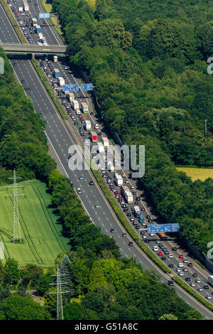 Aerial view, traffic jam on the A2 motorway 2 in Kamen Cross junction, driveway, Truck Jam, Bergkamen, Ruhr area, Stock Photo