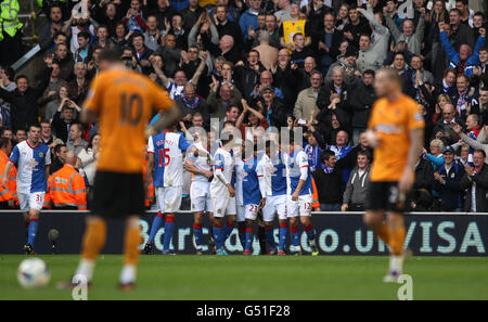 Soccer - Barclays Premier League - Wolverhampton Wanderers v Blackburn Rovers - Molineux Stadium. Blackburn Rovers players celebrates Junior Hoilett 2nd goal during the Barclays Premier League match at the Molineux, Wolverhampton. Stock Photo