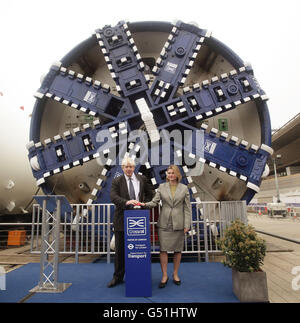 The Mayor of London Boris Johnson and Transport Secretary Justine Greening, during the official unveiling of the first two from a total of eight, Crossrail tunnelling machines, at the Crossrail Westbourne Park construction site in west London. Stock Photo