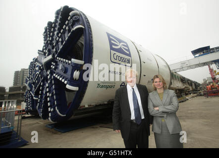 The Mayor of London Boris Johnson and Transport Secretary Justine Greening, during the official unveiling of the first two from a total of eight, Crossrail tunnelling machines, at the Crossrail Westbourne Park construction site in west London. Stock Photo