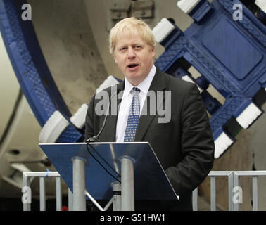 The Mayor of London Boris Johnson speaks during the official unveiling of the first two from a total of eight, Crossrail tunnelling machines, at the Crossrail Westbourne Park construction site in west London. Stock Photo