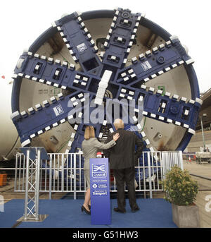 The Mayor of London Boris Johnson and Transport Secretary Justine Greening, turn to look at a tunnelling machine during the official unveiling of the first two from a total of eight, Crossrail tunnelling machines, at the Crossrail Westbourne Park construction site in west London. Stock Photo