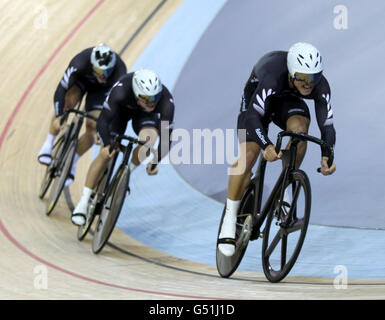 New Zealand's Edward Dawkins, Ethan Mitchell and Sam Webster during the Men's Team Sprint Qualifying at the Olympic Velodrome, London. Stock Photo