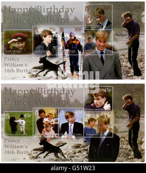 These are two of the sets of stamps that will mark the 18th birthday of Britain's Prince William around the world. * The Crown Agents Stamp Bureau in Sutton, Surrey, have co-ordinated the concept and production of special 'Happy Birthday Prince William' omnibus issues for seven countries, which include South Georgia (top) and Tristan da Cunha (below); the others are Ascension Island, British Virgin Islands, Cayman Islands, Falkland Islands and Fiji. *** The series of 35 stamps to be published in seven sheets on Prince's 18th birthday chronicle his life from child to man from his first salute Stock Photo