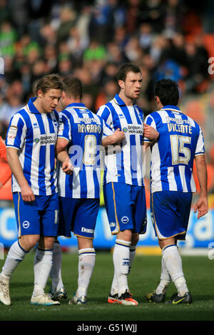 Brighton and Hove Albion's Craig Mackail-Smith (left), Alan Navarro (second left), Ashley Barnes (second right) and Vicente line-up to make a wall Stock Photo