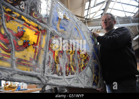 Artist John Reyntiens with the stained glass window he has designed for the Queen's Diamond Jubilee celebrations. Stock Photo