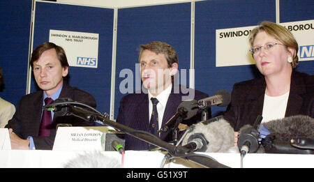 A press conference at Princess Margaret Hospital, Swindon, with (L-R) Dr Gabriel Scally, Mr Ian Lowdon and Sonia Mills, detailing the mistakes by pathologist Dr James Elwood, 78. * Full titles: Dr Gabriel Scally (Regional Director of Public Health, NHS Executive South West), Mr Ian Lowdon (Medical Director, Swindon and Marlborough NHS Trust) and Sonia Mills (Chief Executive, Swindon and Marlborough NHS Trust). Stock Photo