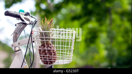 Pineapple in bike basket green blurred background bokeh Stock Photo