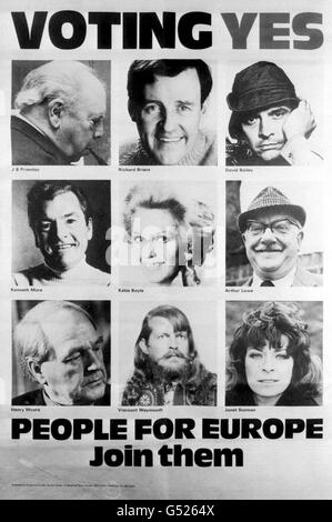 A host of celebrities appear in a National poster campaign, which reads 'Voting Yes People For Europe', launched by People for Europe, a non-party-political campaign to keep Britain in the EEC. Stock Photo