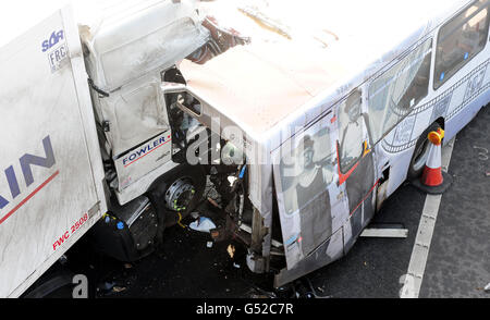 The scene of a crash near Frankley Services on the M5 in the West Midlands, involving a coach and a lorry in which one person was killed. Stock Photo
