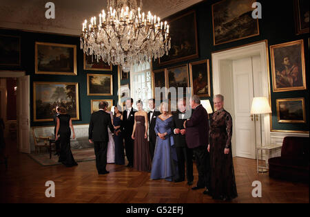 The Duchess of Cornwall and the Prince of Wales take part in a receiving line with Queen Margrethe II of Denmark and members of the Danish royal family ahead of an official dinner at the Royal Palace in Copenhagen, Denmark. Stock Photo