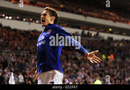 Everton's Nikica Jelavic celebrates Sunderlands own goal after his shot went in during the FA Cup Sixth Round Replay at the Stadium of Light, Sunderland. Stock Photo