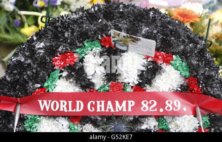 A floral tribute seen at Kirkcaldy Crematorium in Scotland, following the funeral of former world champion darts player Jocky Wilson. Stock Photo