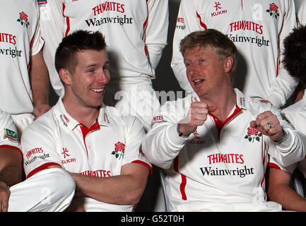 Lancashire's Steven Croft and captain Glen Chapple (right) during the press day at Old Trafford Cricket Ground, Manchester. Stock Photo