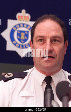Assistant Chief Constable Nigel Yeo controls his emotions during a press conference at Brinsbury College north of Pulborough, as he announced the body of a young girl discovered beside the A29 north of Pulborough was that of eight year old Sarah Payne. * Sarah disappeared while playing in a corn field near her grand parent's Worthing home in Sussex. Mr Yeo stood as a moments silence was observed during the conference. Stock Photo